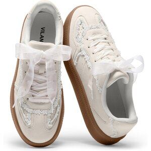 Women's Cream Lace Casual Dress Retro Gum Sole Trendy Walking Footwear Sneakers